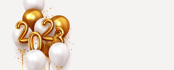 Happy New Year 2023. Realistic gold and white balloons. Background design metallic numbers date 2023 and helium ballon on ribbon, glitter bright confetti. Vector illustration