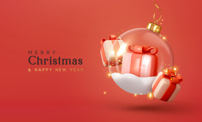 Wall Mural - merry christmas and happy new year. christmas ornaments glass transparent balls with gift box side o