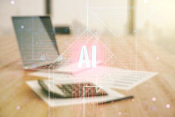 Poster - Creative artificial Intelligence symbol hologram on blurry calculator and computer background. Double exposure