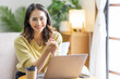 © David - Recruitment Concept. Indian Asian Girl Browsing Work Opportunities Online, Using Job Search App or Website on Laptop, Copy Space