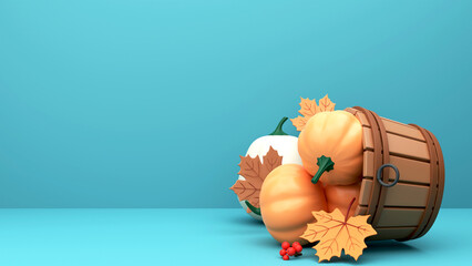 Canvas Print - 3D Render Wood Basket Full Of Pumpkin With Maple Leaves, Berries And Copy Space Against Blue Background.