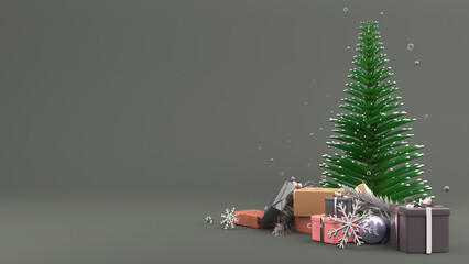 Sticker - 3D Render Of Xmas Or Spruce Tree With Gift Boxes, Silver Snowflakes, Bauble Decorated On Sage Gray Background And Copy Space.