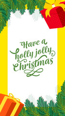 Canvas Print - Have A Holly Jolly Christmas Card Template Decorated With Fir Leaves, Gift Boxes Decorated On White And Yellow Background.