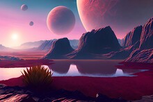 Sunset Over An Extraterrestrial Desert Lake. [Digital Art Painting, Sci-Fi Fantasy Horror Background, Graphic Novel, Postcard, Or Product Image]