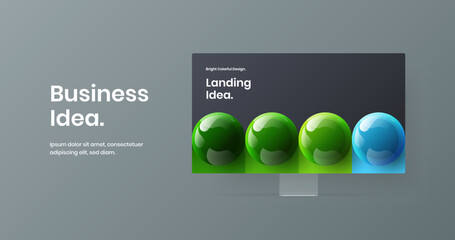Creative computer monitor mockup landing page template. Colorful site screen vector design layout.