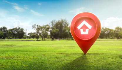 House symbol with location pin icon on earth and green grass in real estate sale or property investment concept, Buying new home for family - 3d illustration of big advertising sign.