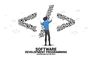 Fototapete - Silhouette man wear VR glasses with software development programming multiple tag icons shaped big tag symbol. Concept for Programming language technology and coding.