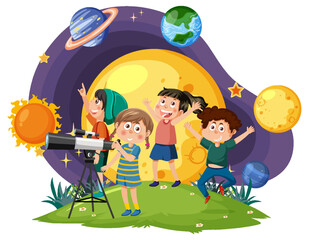 Wall Mural - kids observing planets with telescope