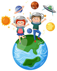 Wall Mural - Kids sitting on earth in astronomy theme