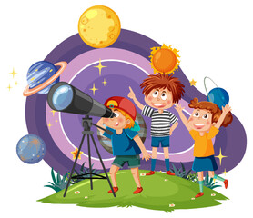 Wall Mural - kids observing planets with telescope