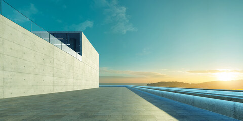 Empty floor with modern building exterior