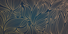 Vector Golden Leaves Botanical Modern, Art Deco Wallpaper Background Pattern. Line Design For Interior Design, Textile, Texture, Poster, Package, Wrappers, Gifts. Luxury. Japanese Style.