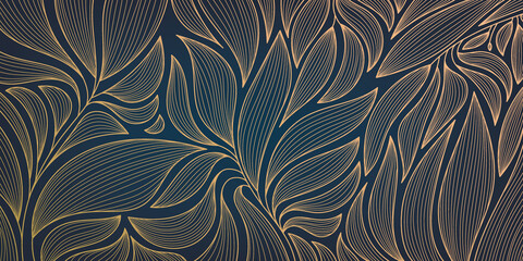 Vector golden leaves botanical modern, art deco wallpaper background pattern. Line design for interior design, textile, texture, poster, package, wrappers, gifts. Luxury. Japanese style.