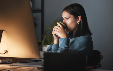 Night, computer and coffee business woman at desk planning, thinking and productivity for global networking company. Copywriting, inspiration and monitor with creative manager strategy on desktop pc