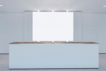 Poster - Modern concrete office lobby interior with empty white mock up poster. Waiting area and hotel concept. 3D Rendering.
