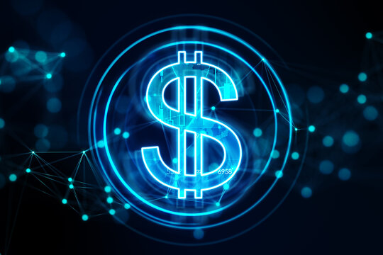 Digital dollar symbol on abstract dark blue background with glowing dots. 3d rendering