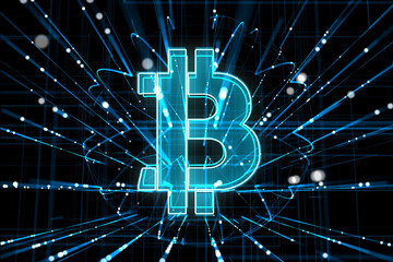 Aufkleber - Cryptocurrency and digital money concept with bright blue bitcoin symbol on abstract dark background with blurred dots and wavy lines. 3D rendering
