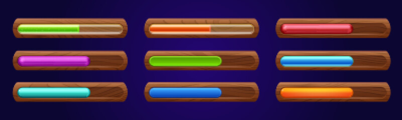 Poster - Set of wooden progress bars with different color scales isolated on background. Vector cartoon illustration of game ui design elements indicating loading process, time, power, life, assets status
