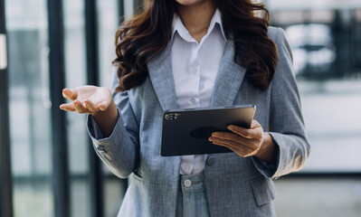 Business team present. Photo professional investor working new startup project. Finance meeting.Digital tablet laptop computer smart phone using, keyboard docking screen foreground,filter