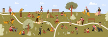 Dog Park With People Walking With Their Pets, Training And Playing With Puppies. Pet Owners Walk With Dogs On Leash And Clean Up Poop, Vector Hand Drawn Illustration