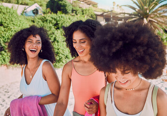 Poster - Black woman, friends walking and beach with funny conversation, joke or laugh on summer vacation. Girl group, women and smile with walk on sea sand together in sunshine with comic laughing on holiday