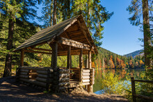 Wooden Gazebo For Relaxation Near Lake Synevyr Next To The Autumn Forest In The Carpathian Mountains On A Sunny Autumn Day. Ukraine