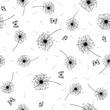  Seamless Pattern Black And White With Dandelion Fluff And Butterflies
