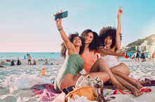 Phone, Selfie And Women Friends On The Beach With Freedom On A Summer Adventure On Vacation In Mexico. Travel, Happiness And Girls Taking A Picture On Seaside Holiday Or Journey By The Ocean Together