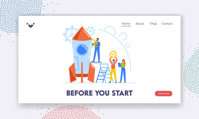 Wall Mural - Creative Team Launch Rocket Landing Page Template. Businesspeople with Huge Gears Prepare Spaceship for Take Off