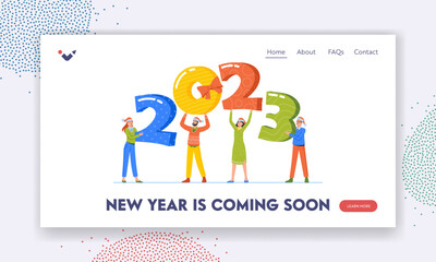 Wall Mural - Happy New Year Greetings Landing Page Template. Tiny Characters in Santa Hats Holding Huge 2023 Numbers Illustration