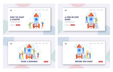 Wall Mural - Creative Team Launch Rocket Landing Page Template Set. Businesspeople with Huge Gears Prepare Spaceship for Take Off