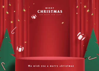 Wall Mural - merry christmas banner with stage product display cylindrical shape and festive decoration for chris