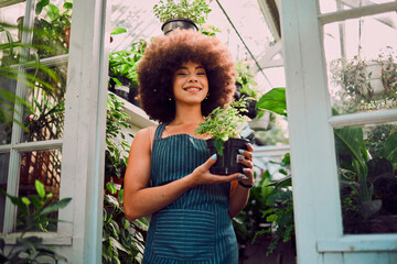 Plant, growth and portrait of black woman in greenhouse for environment, agriculture and florist in small business. Sustainability, spring and garden with girl in nursery for herbs, organic and farm