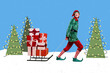 © deagreez - Collage portrait of positive cheerful elf guy pull sledge pile stack giftbox isolated on painted festive newyear background