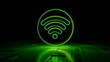 © RocknRoller Studios - Green Wireless Technology Concept with wifi symbol as a neon light. Vibrant colored icon, on a black background with high tech floor. 3D Render