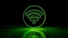 Green Wireless Technology Concept With Wifi Symbol As A Neon Light. Vibrant Colored Icon, On A Black Background With High Tech Floor. 3D Render
