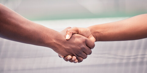 Canvas Print - Closeup, handshake and sport for support, teamwork or respect outdoor at tennis court with diversity. Shaking hands, training and sports for fitness, exercise or training together with tennis player