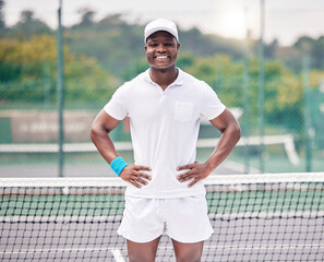 Poster - Fitness, tennis and portrait of a black man on the court ready for outdoor training or a match. Sports, tournament and young African athlete standing on a tennis court for a game, workout or exercise