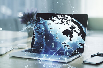 Aufkleber - Multi exposure of abstract software development hologram with world map on laptop background, global research and analytics concept