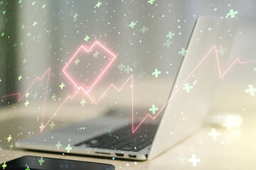 Poster - Creative abstract heart rate sketch on modern laptop background, Medicine and healthcare concept. Multiexposure