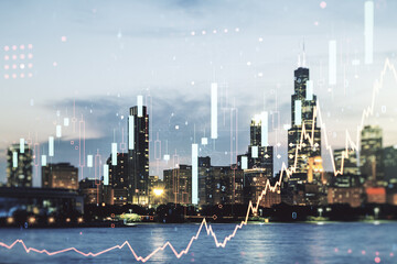Aufkleber - Double exposure of abstract creative financial chart hologram on Chicago skyscrapers background, research and strategy concept