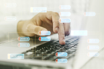 Aufkleber - Double exposure of abstract creative programming illustration and hands typing on laptop on background, big data and blockchain concept
