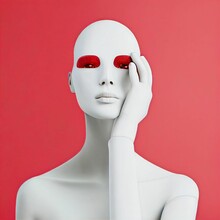 3d Rendering Of A Female Robotic Face Isolated On Red Background