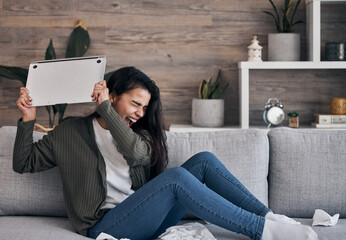 Aufkleber - Woman on sofa, angry and throwing laptop while crying in living room, breakup email or work stress at home. Mental health, depression and sad girl on couch with computer, glitch or 404 error burnout