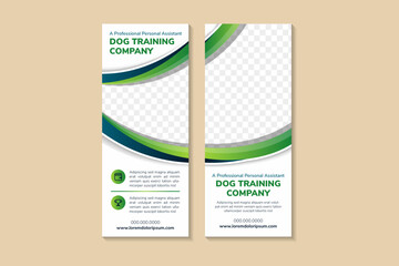 Wall Mural - collection of dog training company roll up banner template. curve green and blue gradient color and fully marketing purpose design. attractive standee vertical layout banner. space for photo collage.
