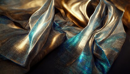 Luxury golden silk folds with touch of turquoise color, close up