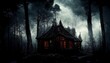 Creepy old wooden cabin house in the woods at full moon dark fantasy illustration with gloomy foggy ambience