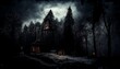 Creepy old wooden cabin in the woods at full moon dark fantasy illustration with little fairy houses on trees