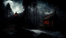 Creepy Old Wooden Cabin In The Woods At Full Moon Night