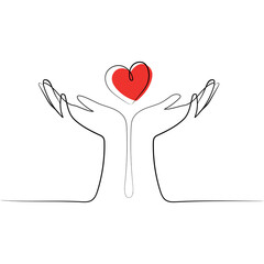 Two open cupped hands with red heart continuous line design vector illustration.Support, peace, care hand gesture concept.Valentine's day design with heart between two hands Minimal art drawing